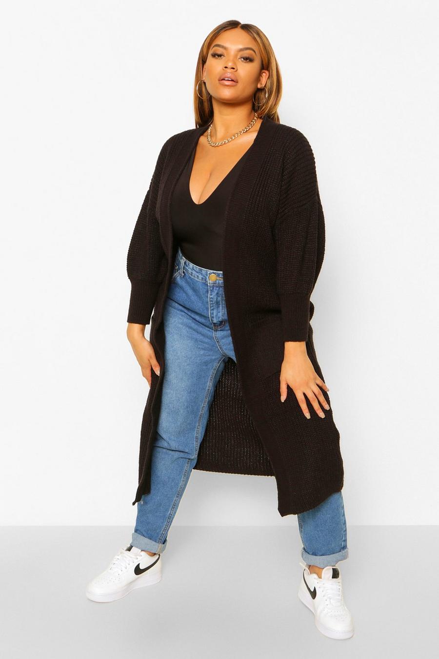 Black Plus Balloon Sleeve Oversized Cardigan image number 1