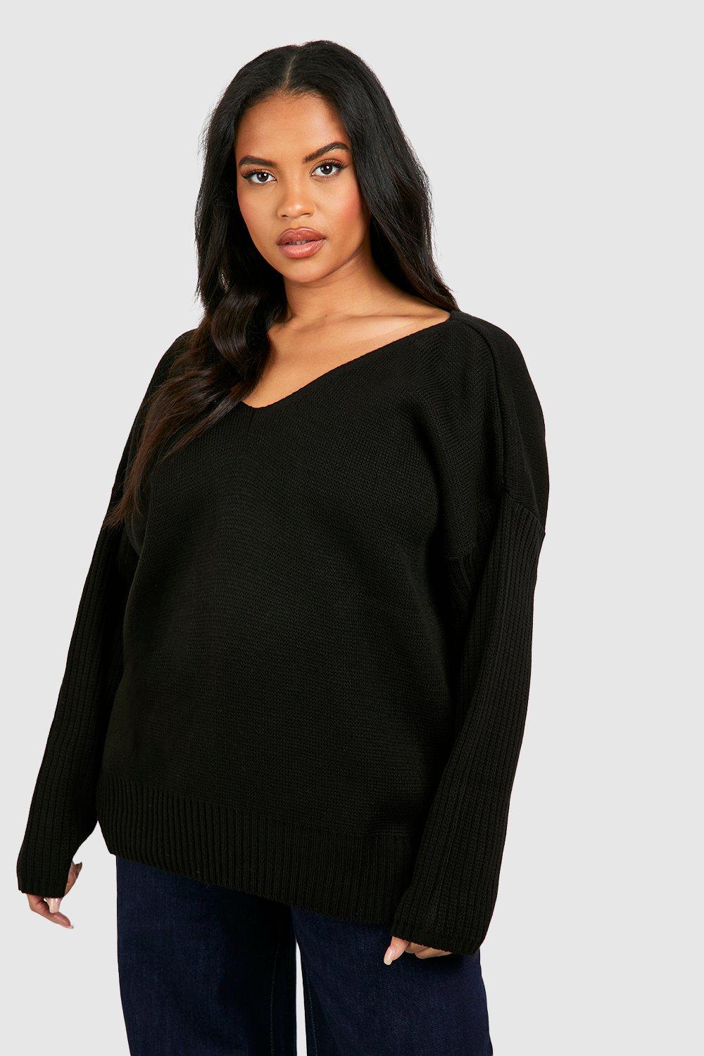 Women s Plus V Neck V Back Oversized Jumper Boohoo UK