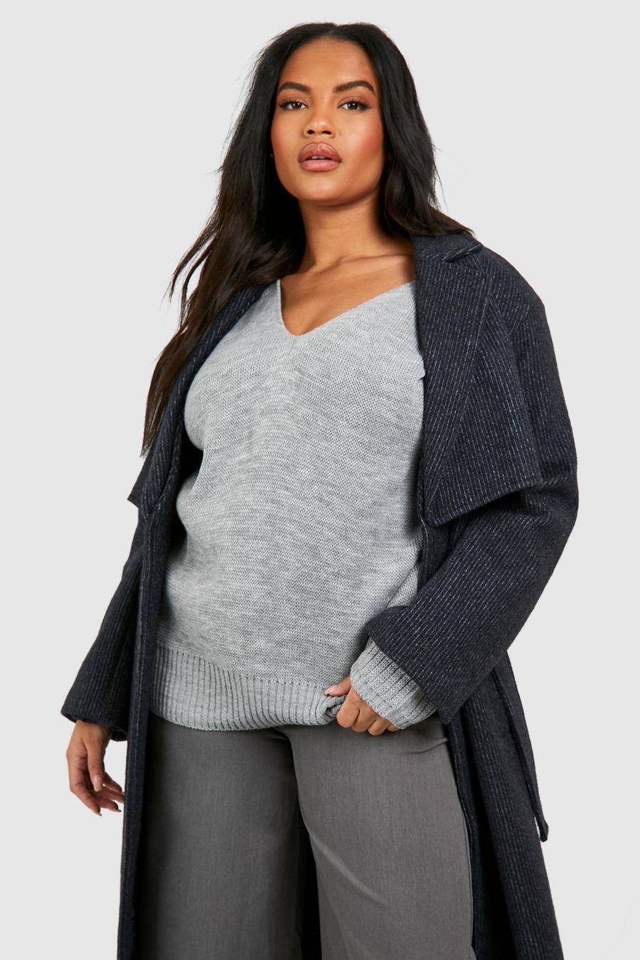 Grey Plus V Neck V Back Oversized Sweater image number 1