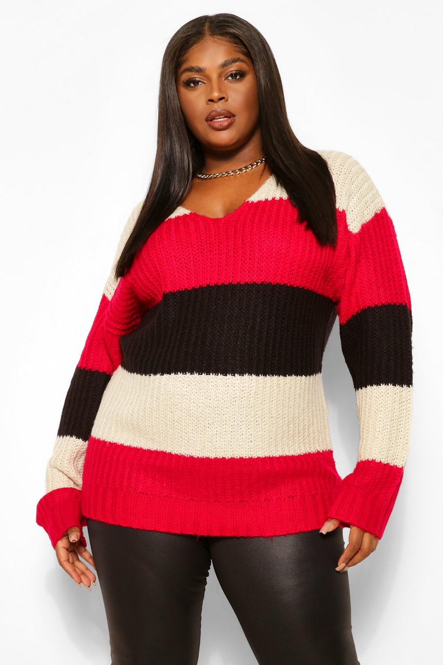 Berry Plus Stripe Oversized Chunky Jumper image number 1
