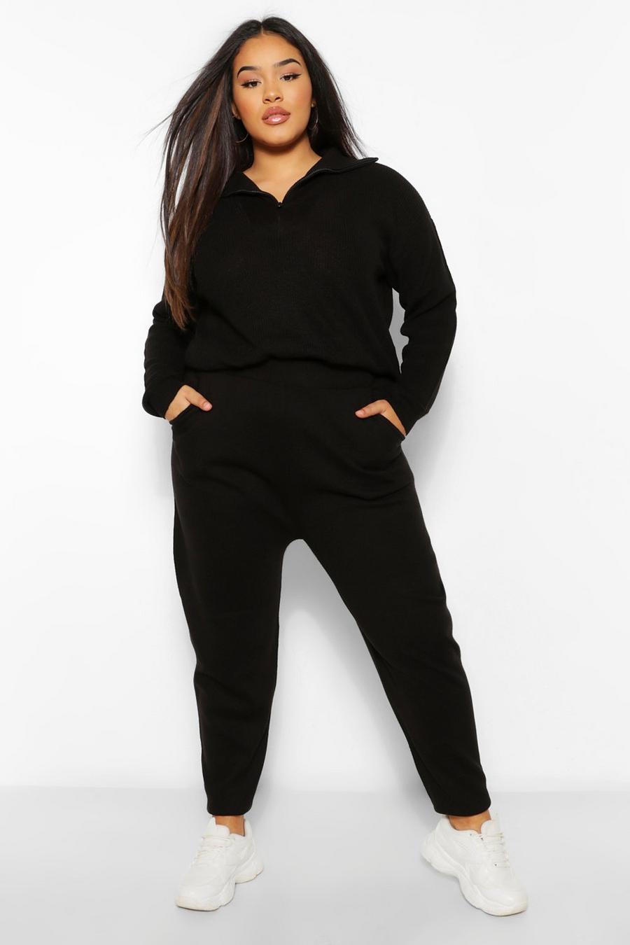 Black Beige Plus Zip Polo Jumper And Track Pant Lounge Set image number 1