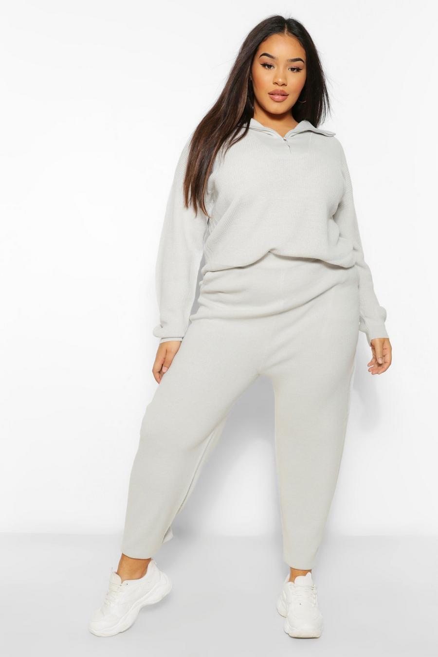 Charcoal Beige Plus Zip Polo Jumper And Track Pant Lounge Set image number 1