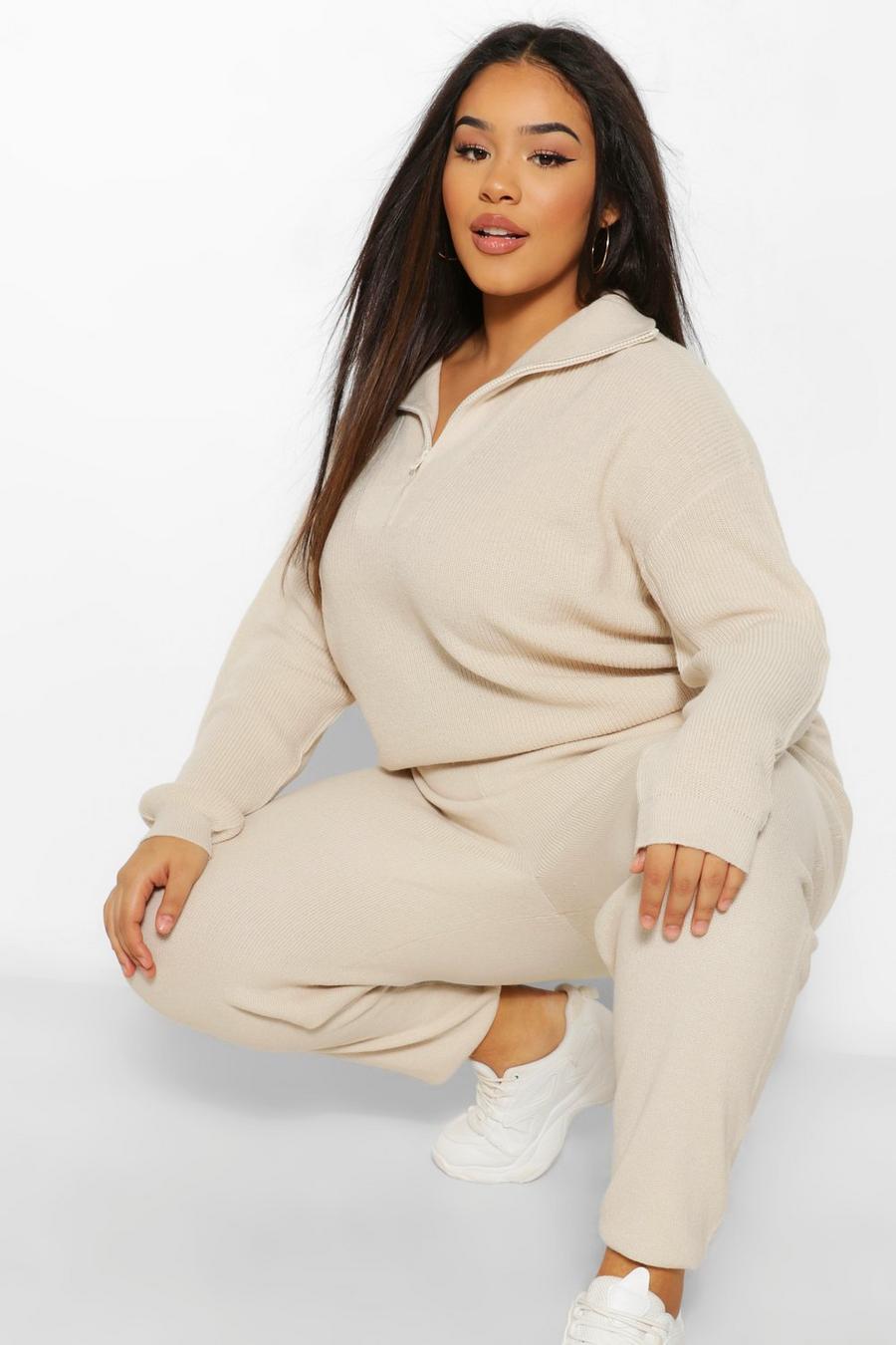 Stone Beige Plus Zip Polo Sweater And Jogger Lounge Set image number 1
