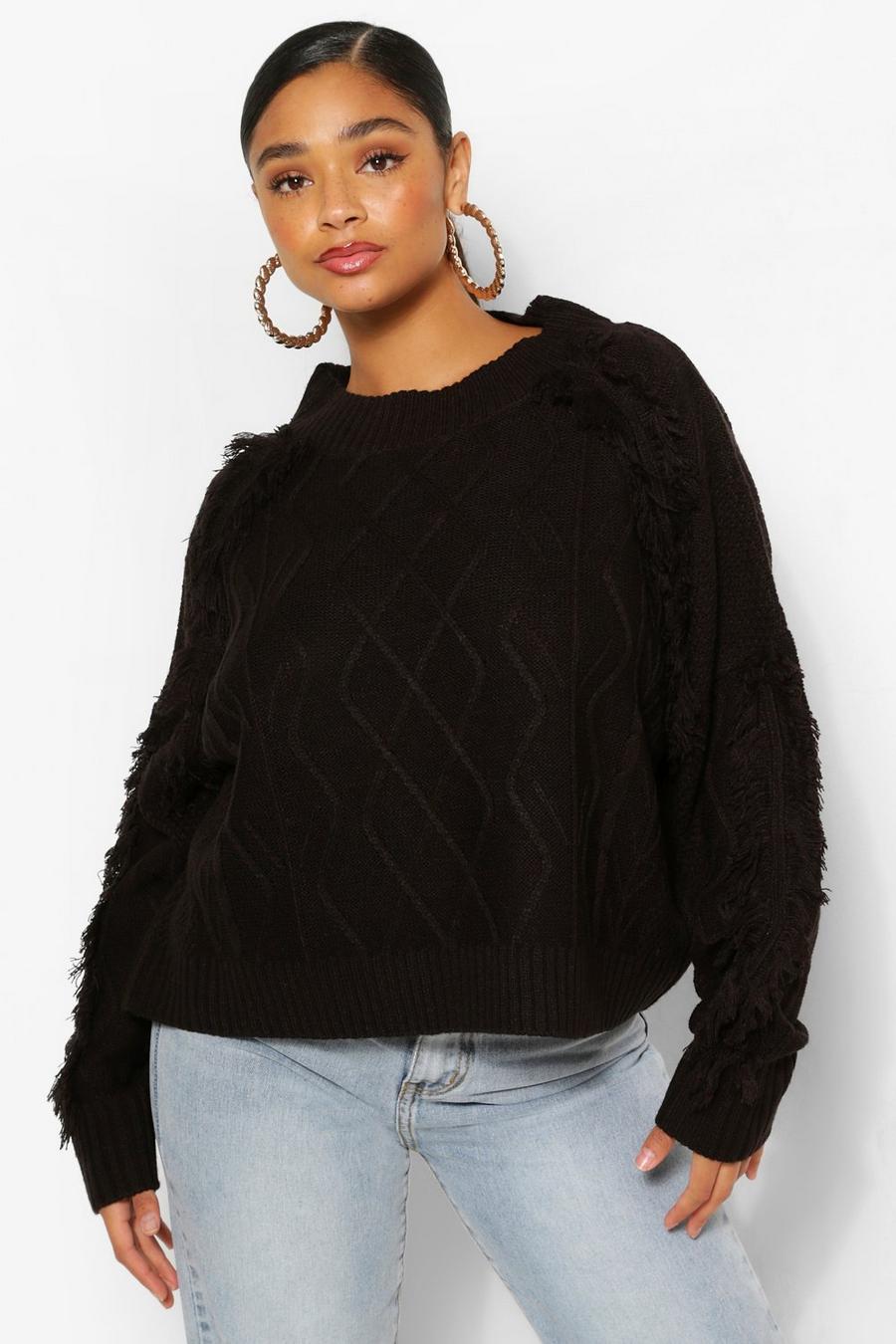 Black Plus Tassel Cable Chunky Sweater image number 1