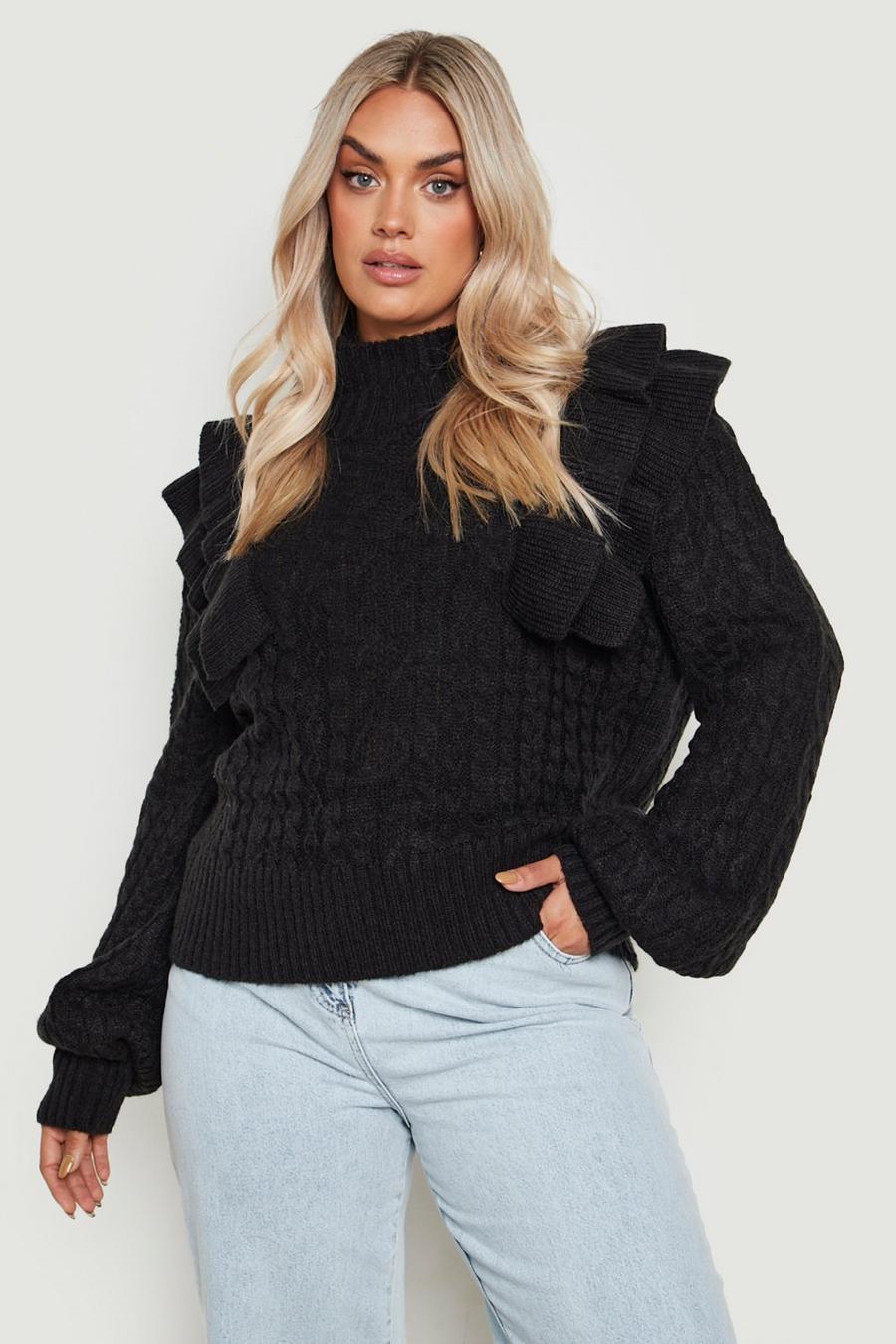 Black Plus Ruffle Cable Knit Jumper image number 1