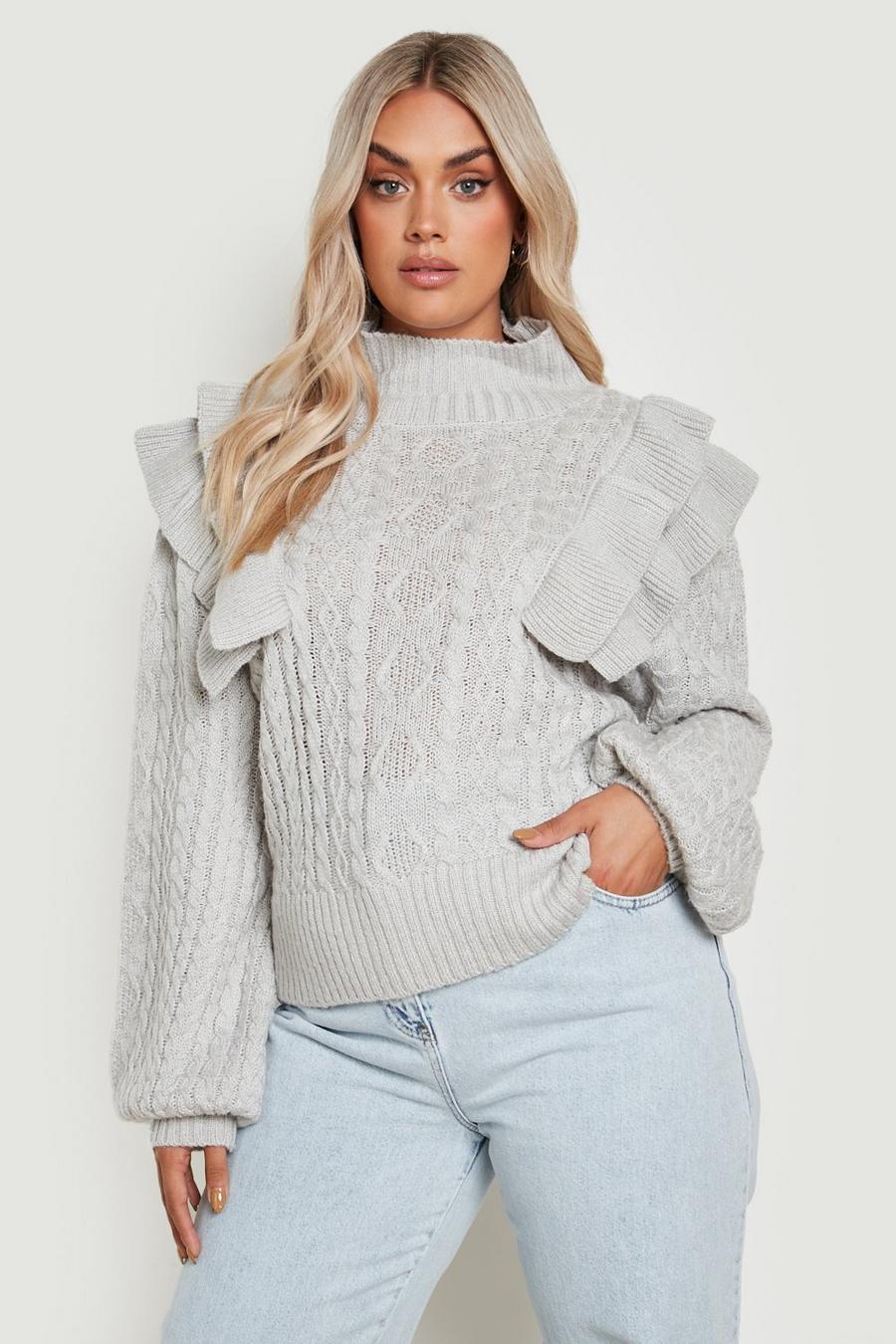 Grey Plus Ruffle Cable Knit Jumper image number 1