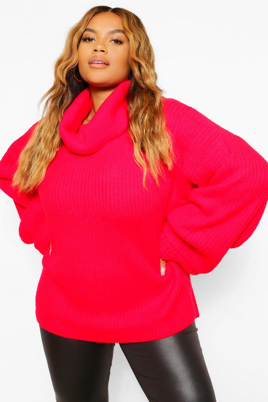 Red Plus Chunky Roll Neck Oversized Jumper image number 1
