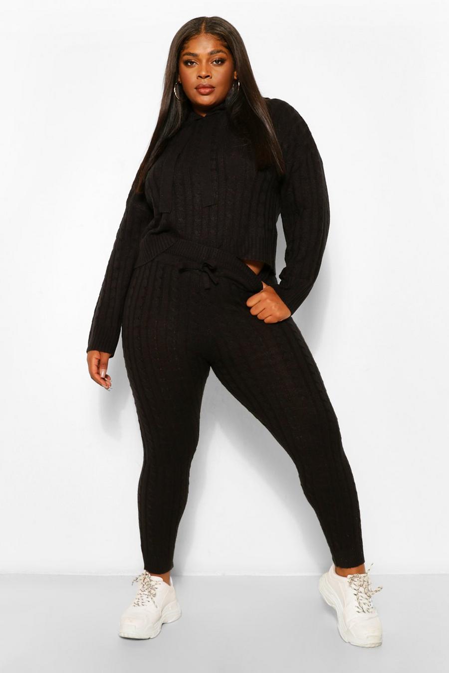Black Plus Cable Knit Hoody & Jogger Lounge Set image number 1