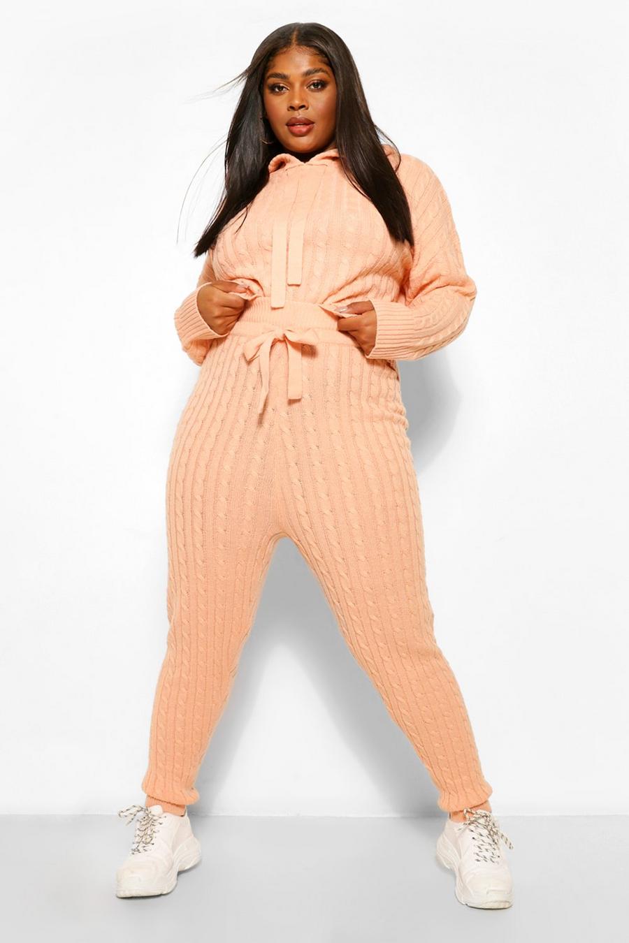 Peach Plus Cable Knit Hoody & Jogger Lounge Set image number 1