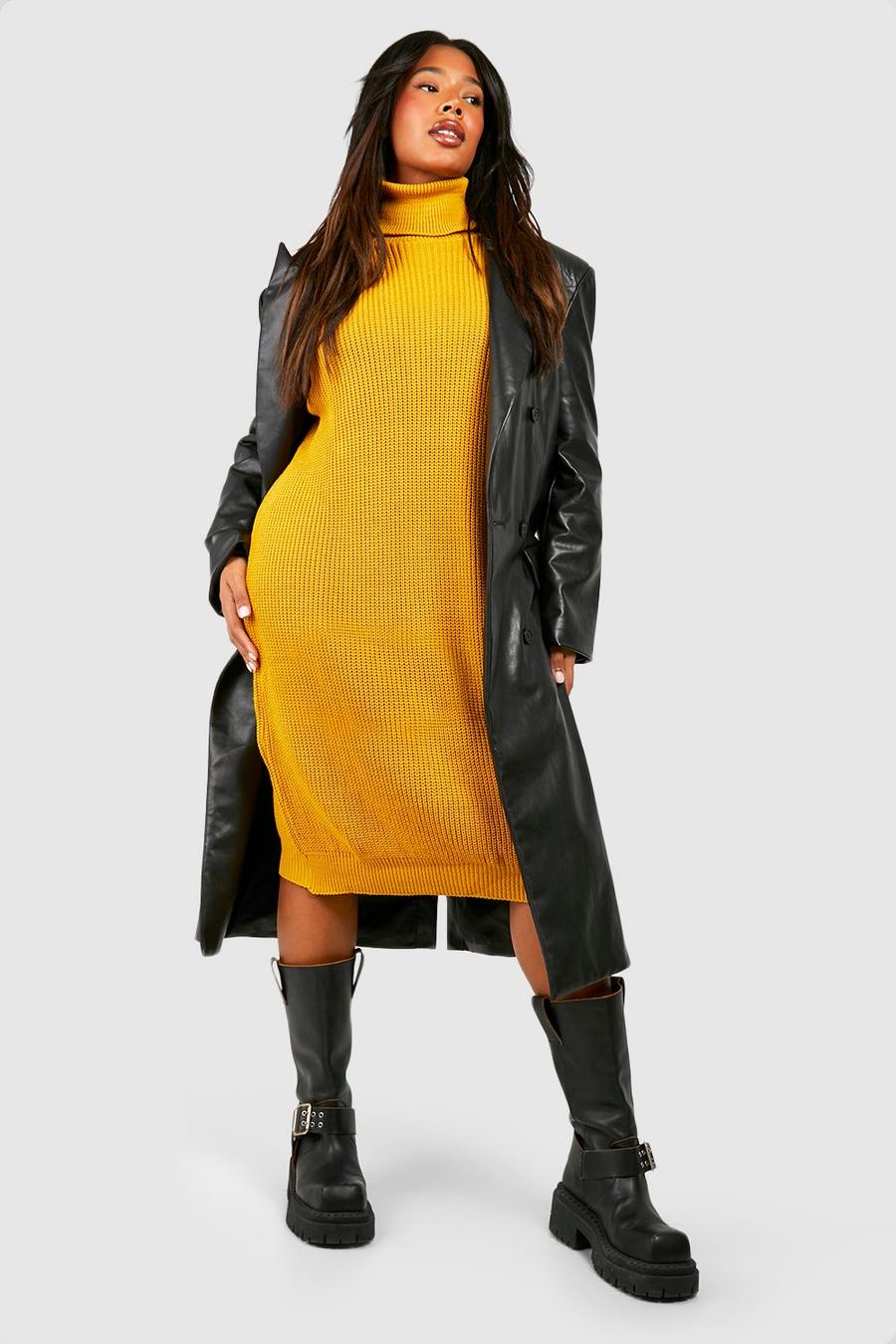 Mustard שמלת סוודר עם צווארון מגולגל מידות גדולות