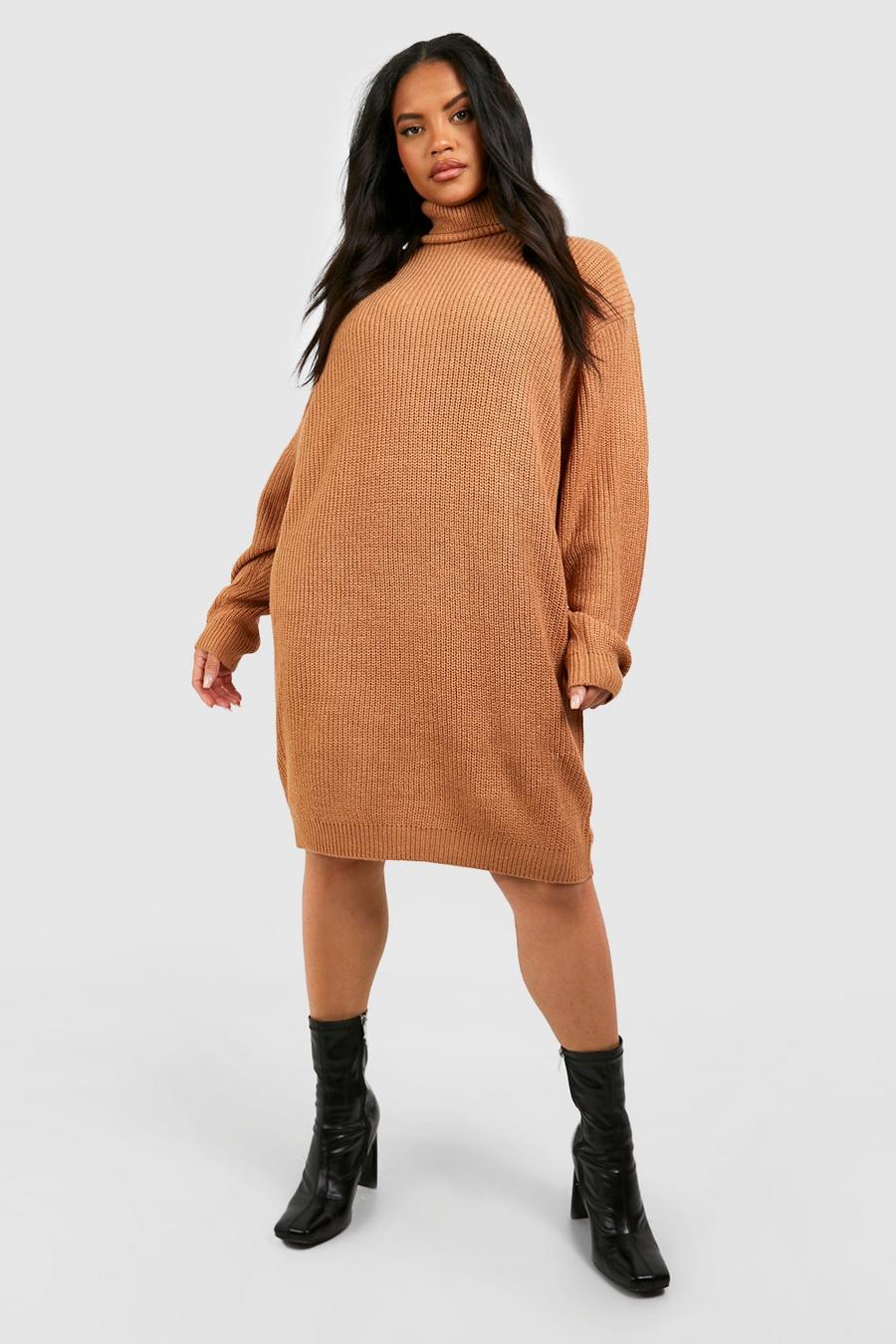 Taupe Plus Roll Neck Jumper Dress