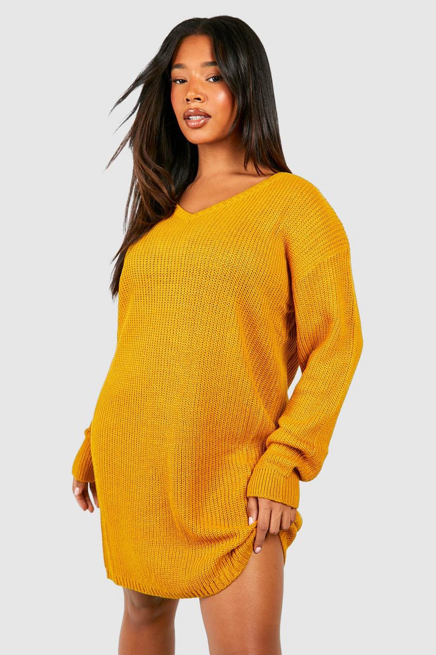 Vestido jersey Plus de canalé con escote de pico, Mustard