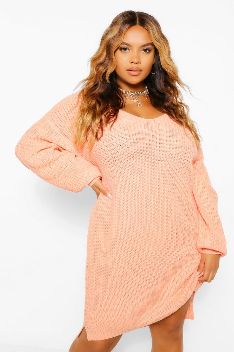 Apricot Plus V Neck Sweater Mini Dress image number 1