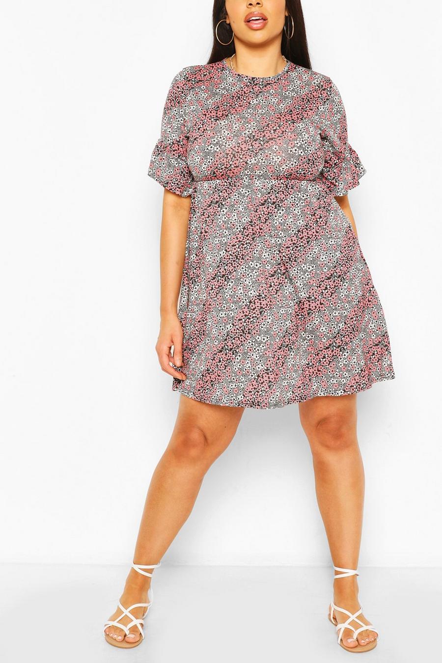 Plus Mixed Floral Ruffle Sleeve Smock Dress image number 1