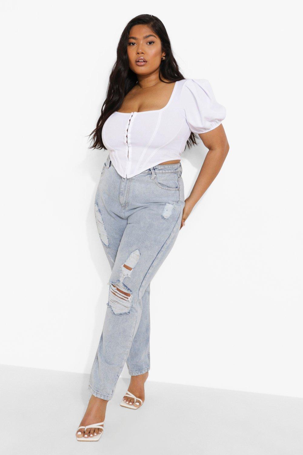 Plus High Rise Distressed Acid Wash Mom Jeans