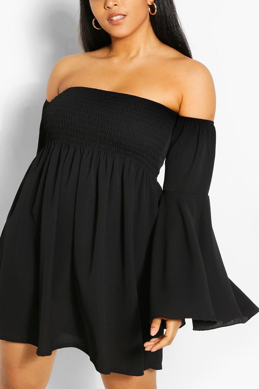 Black Plus Shirred Off Shoulder Wide Sleeve Shift Dress image number 1