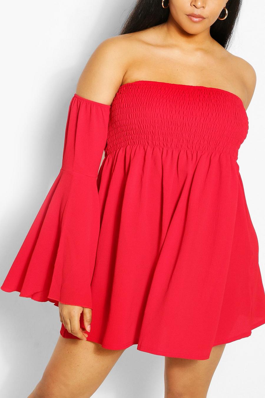 Red Plus Shirred Off Shoulder Wide Sleeve Shift Dress image number 1