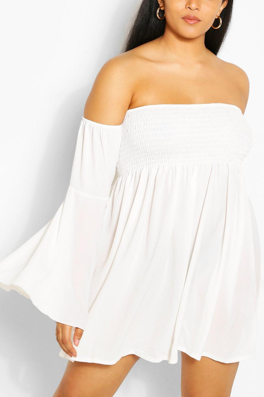 White Plus Shirred Off Shoulder Wide Sleeve Shift Dress image number 1