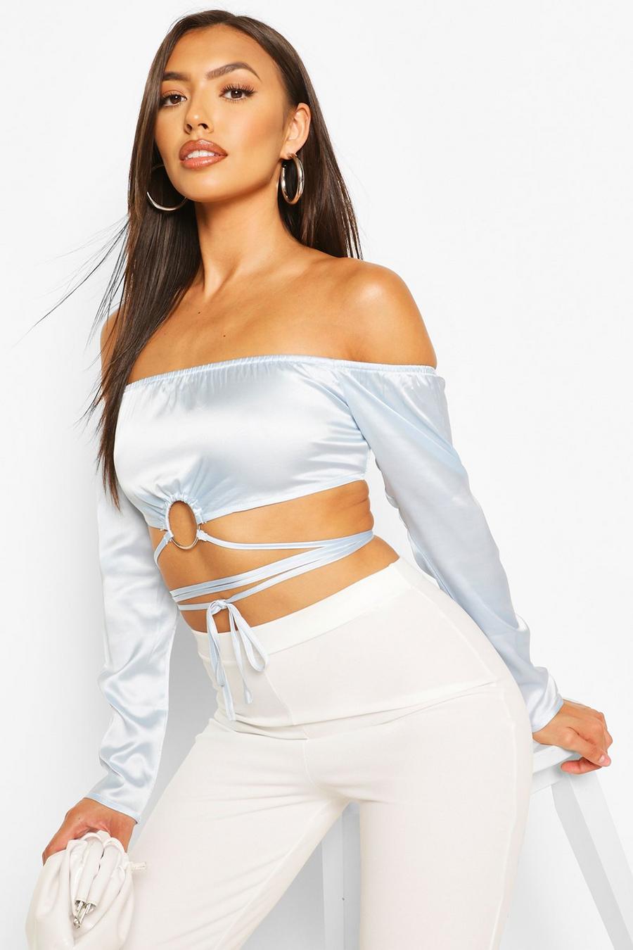 Crop top Petite in raso con anello, Sky image number 1