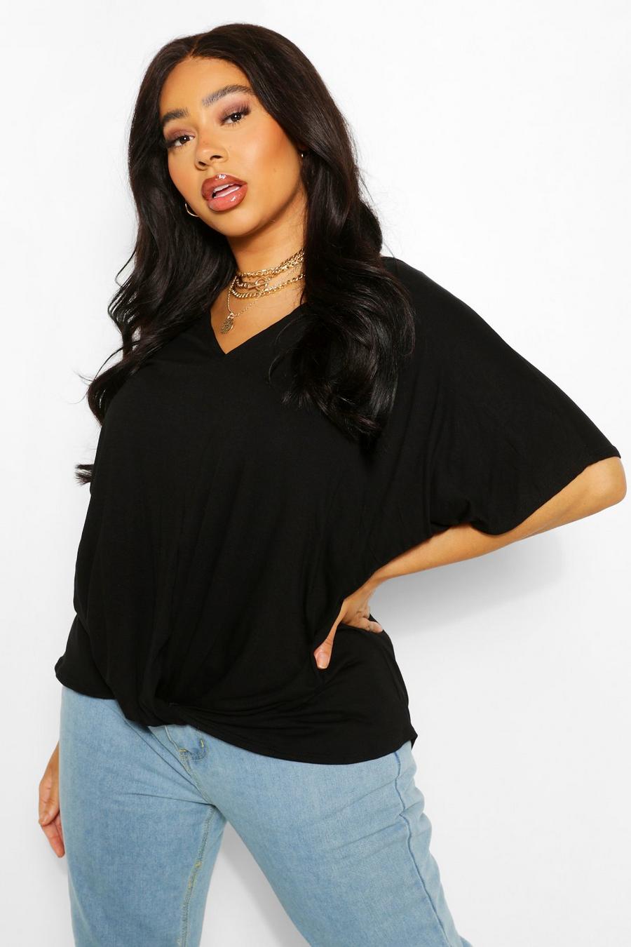 Black Plus Oversized Knot Front Jersey Tee Dress image number 1