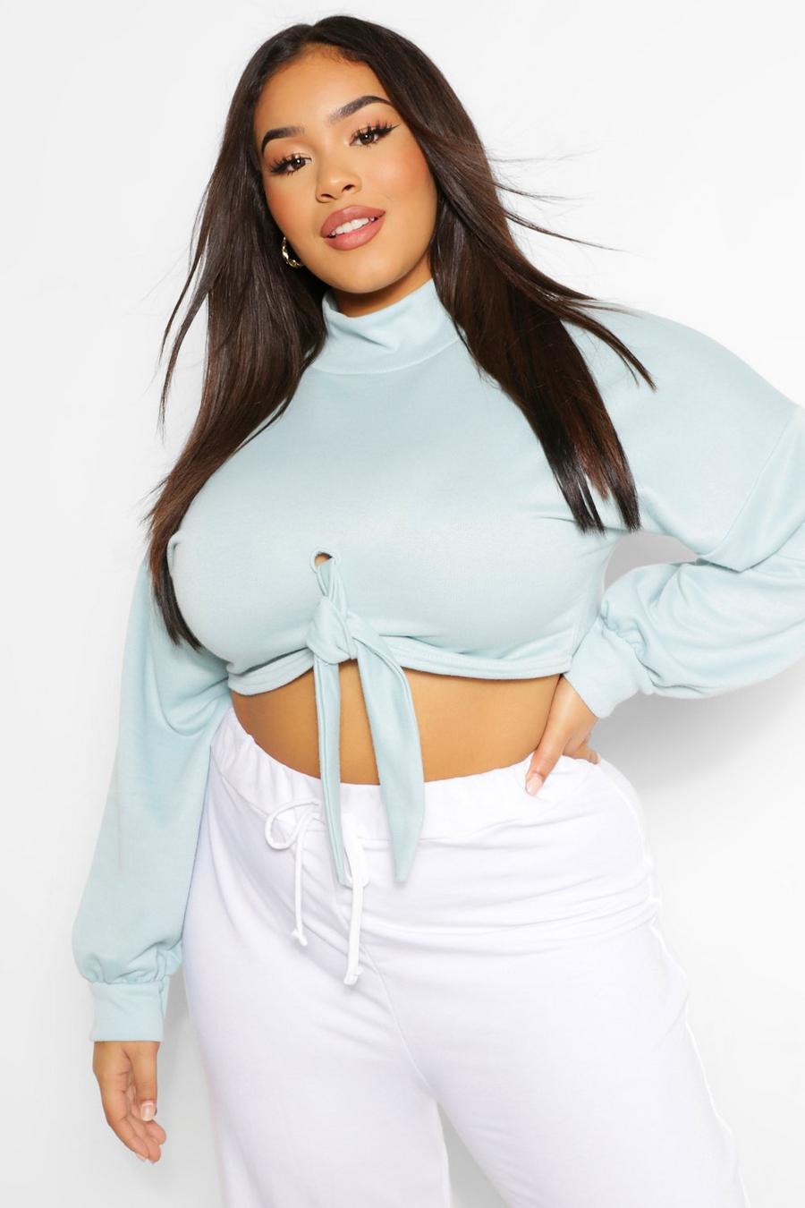 Duck egg blue Plus High Neck Knot Front Sweat image number 1