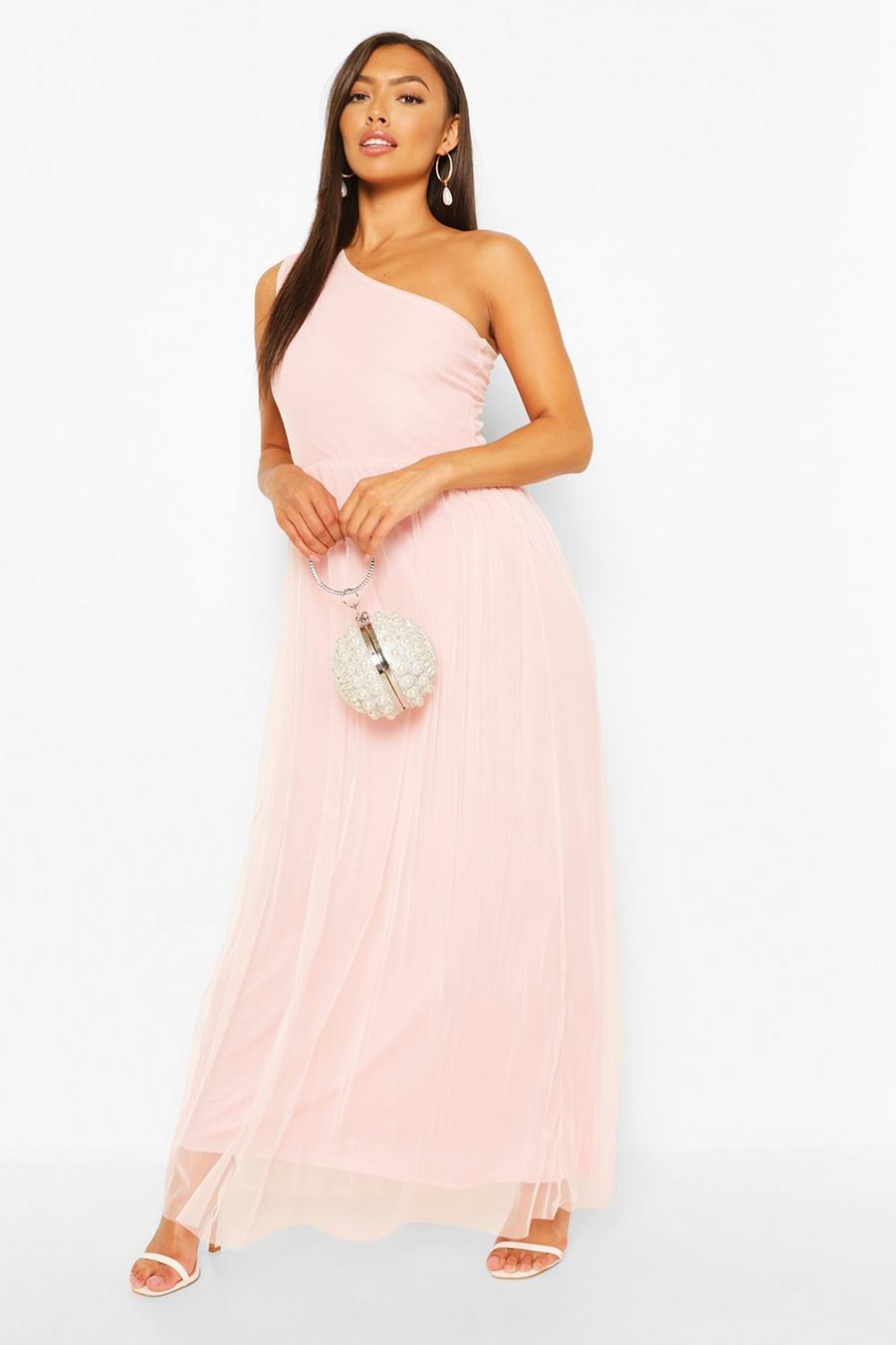 Blush rosa Petite - Lång festklänning med one shoulder-detalj