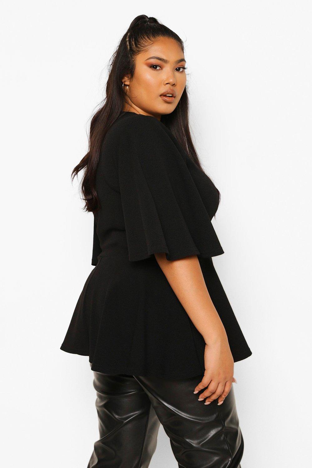 Women's Black Plus Angel Sleeve Fit & Flare Top