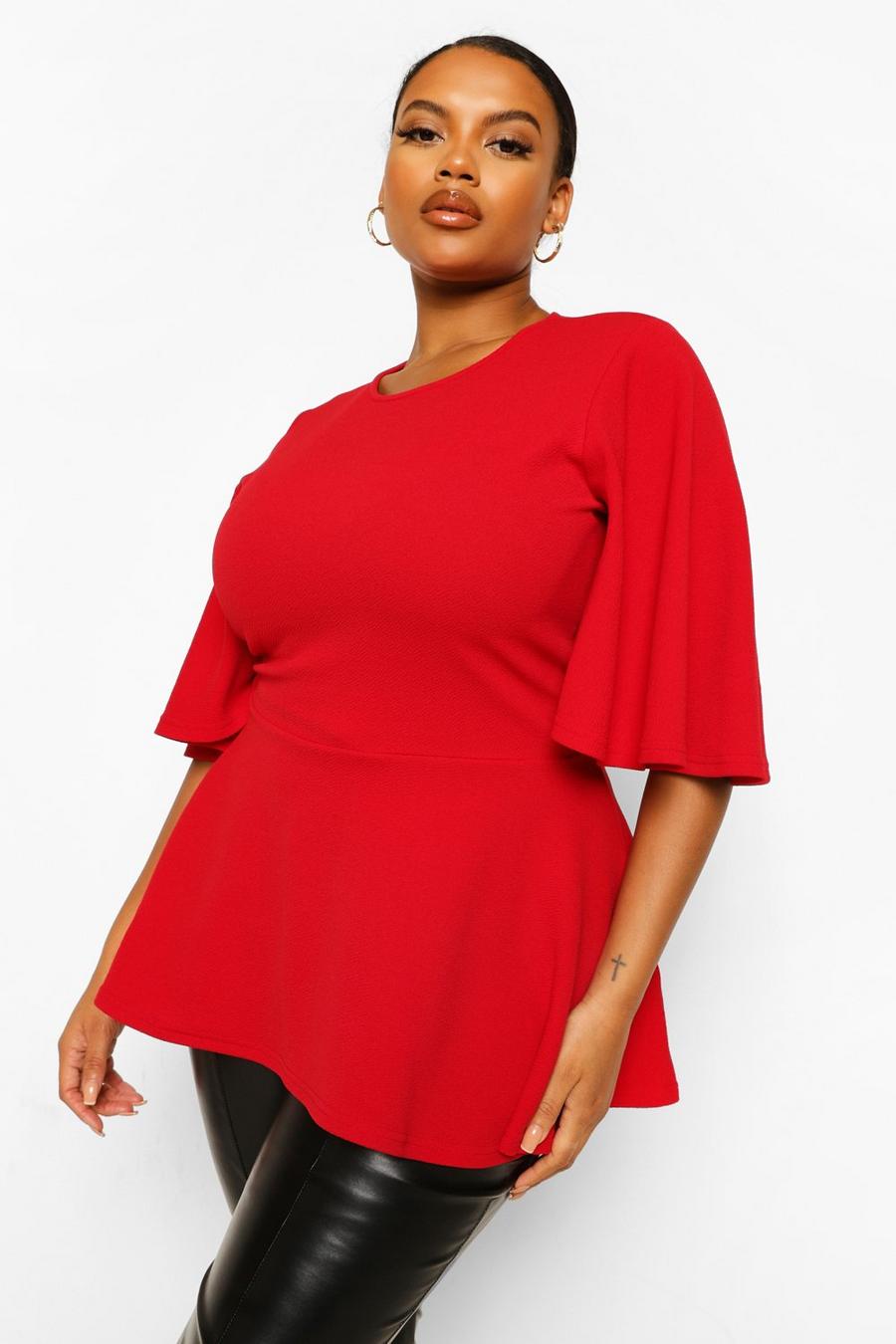 Grande taille - Top à basques et manches ange , Rouge rot