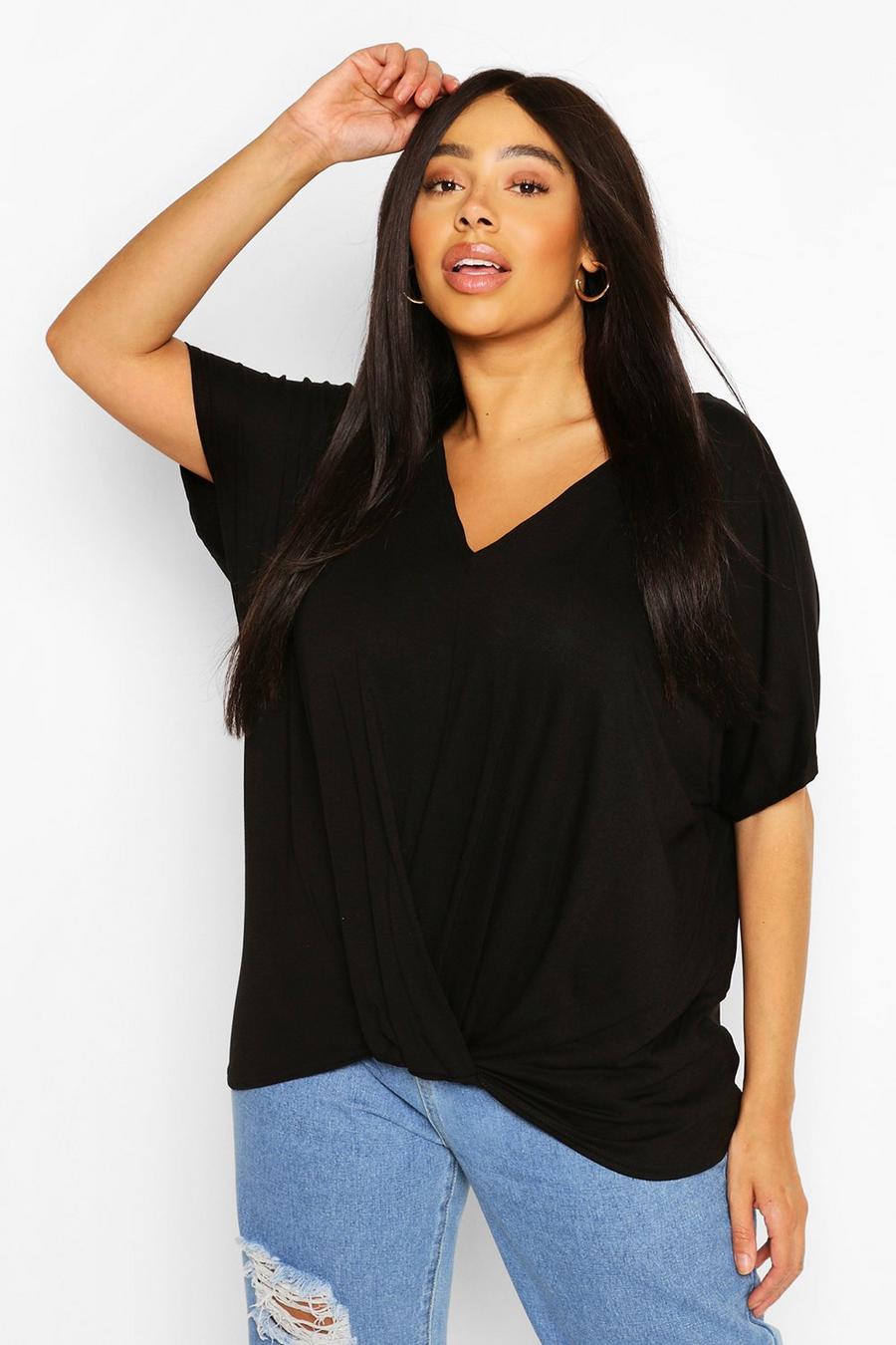 Black Plus Knot Front Oversized T-Shirt image number 1