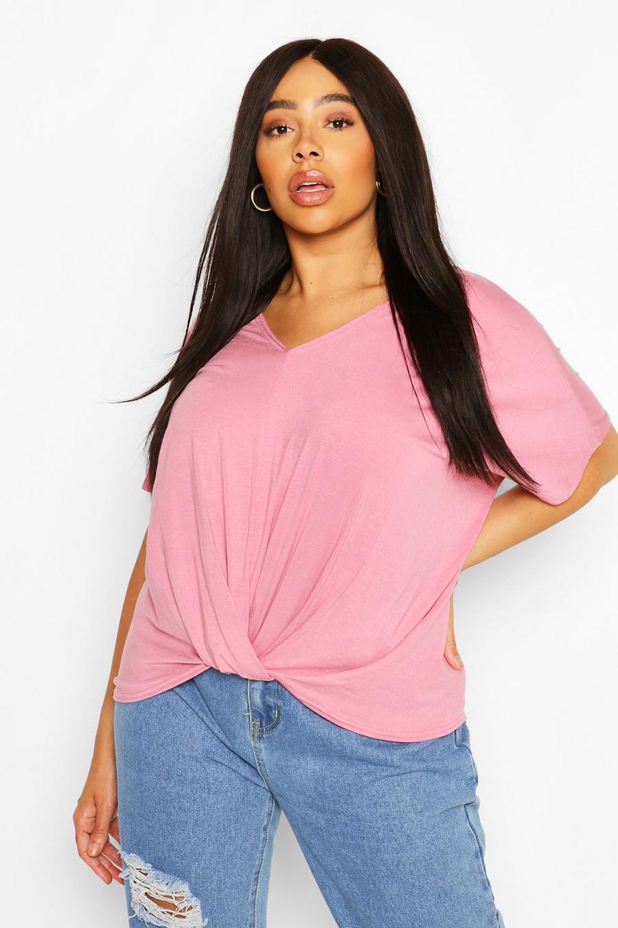 Dusky pink Plus Oversize t-shirt med knytdetalj image number 1