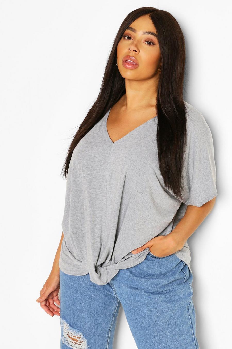 Grey marl Plus Tie Front Oversized T-Shirt image number 1