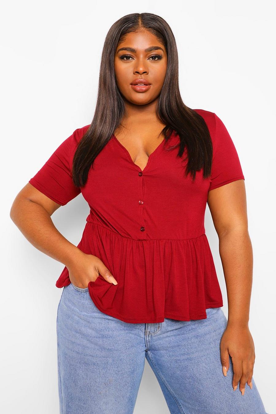 Berry Plus Button Through Short Sleeve Smock Top image number 1