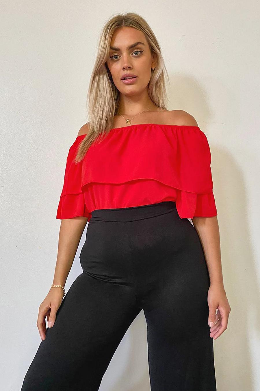 Red Plus Ruffle Off The Shoulder Woven Top image number 1