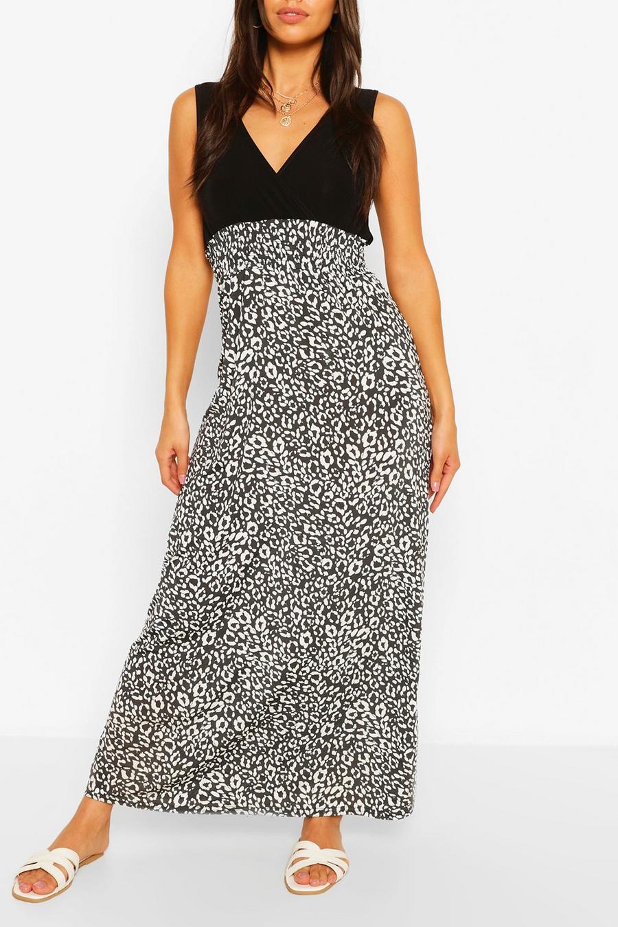 Vestido falda maxi con estampado de leopardo en contraste Petite, Negro image number 1
