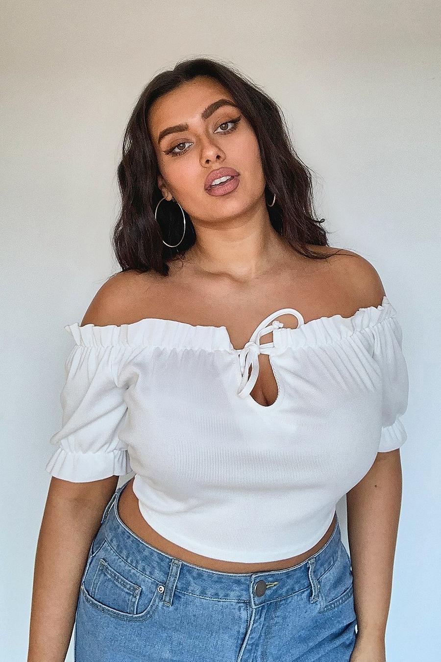 Ivory Plus Rib Ruffle Off The Shoulder Crop Top image number 1