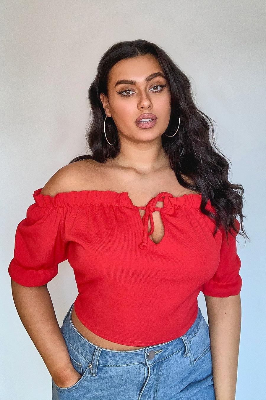 Red Plus Rib Ruffle Off The Shoulder Crop Top image number 1