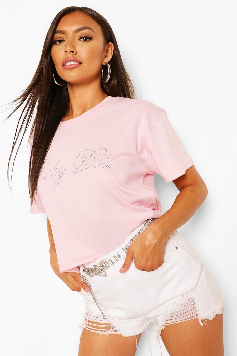 Petite kurzes T-Shirt mit Diamante Slogan image number 1