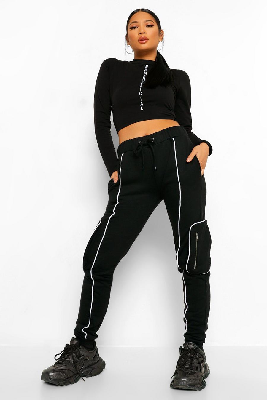 Black Petite Piping Front Pocket Detail Joggers image number 1