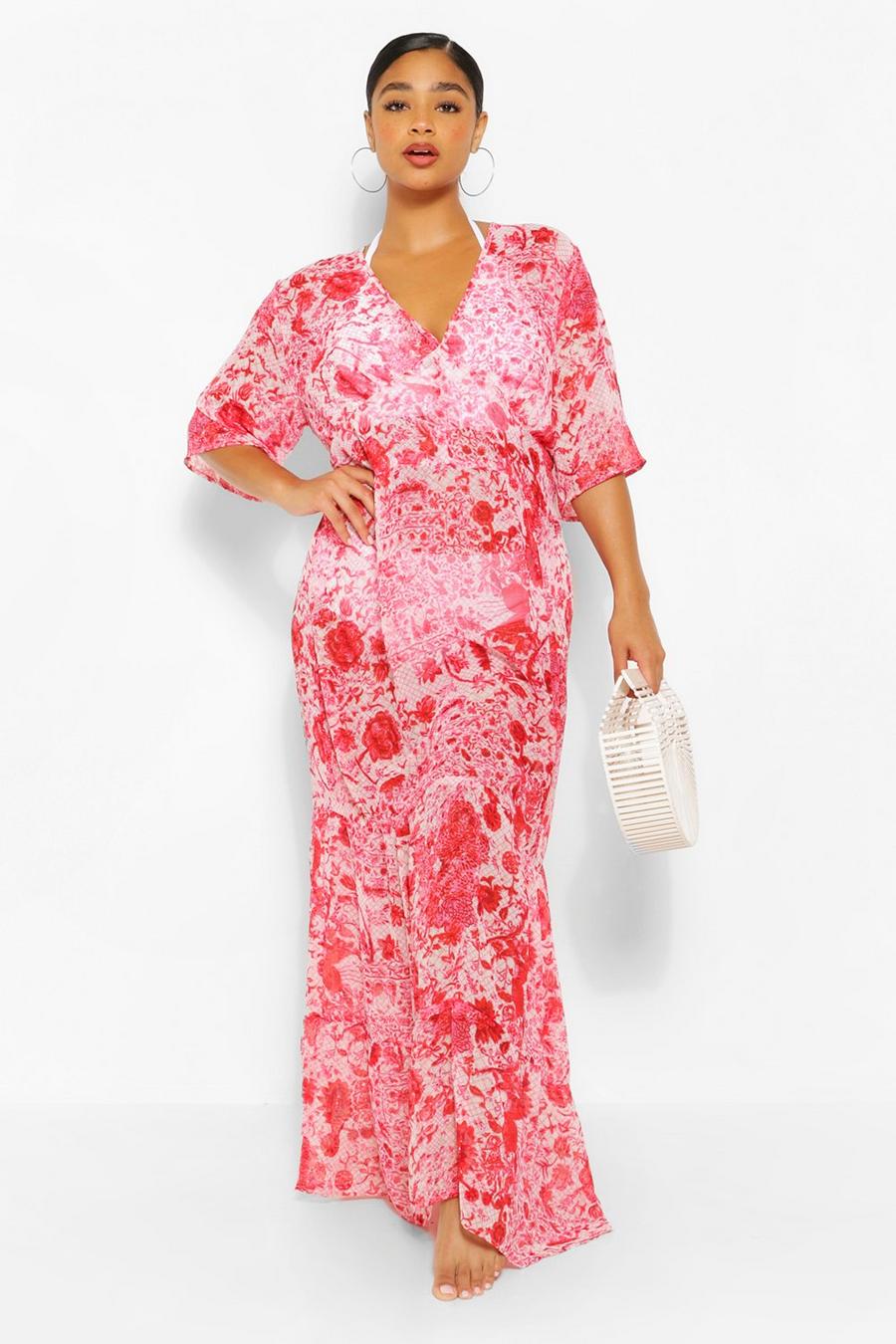 Plus Kimono-Strandkleid in Maxilänge mit Blumenmuster aus Chiffon image number 1