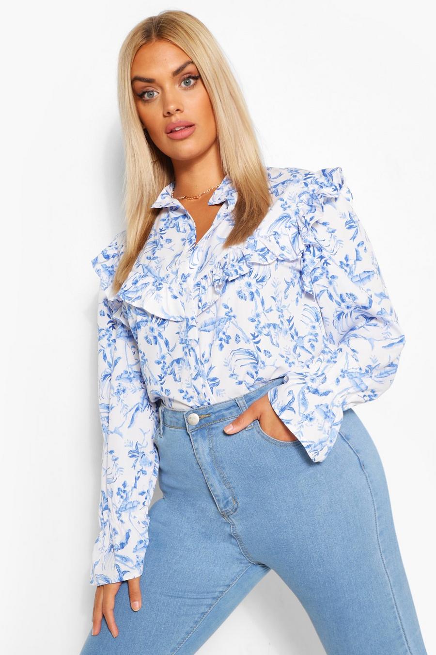 Plus Woven Floral Ruffle Shirt Blouse image number 1