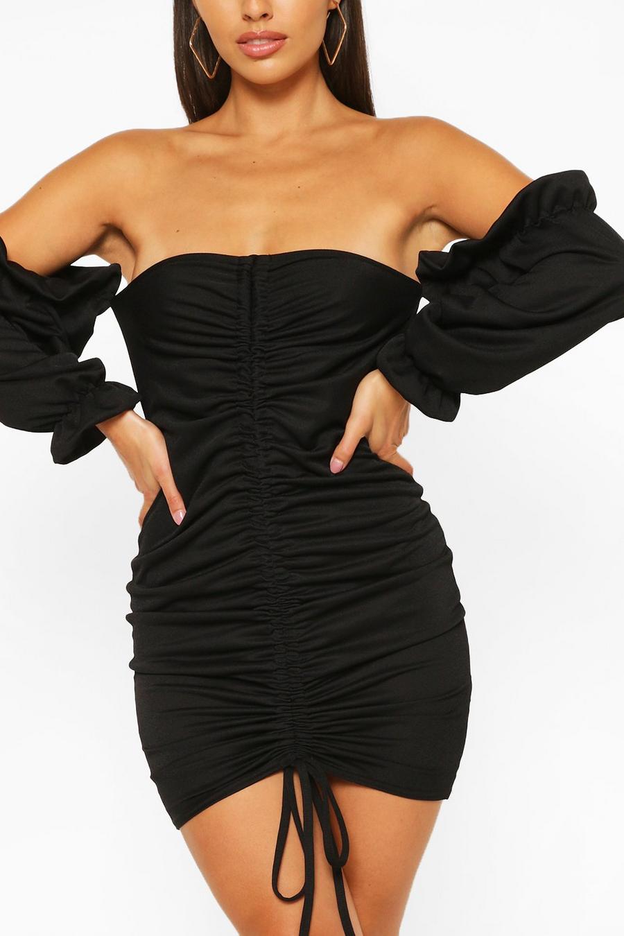שחור שמלת מיני כתפיים חשופות וחזית קפלים, פטיט image number 1