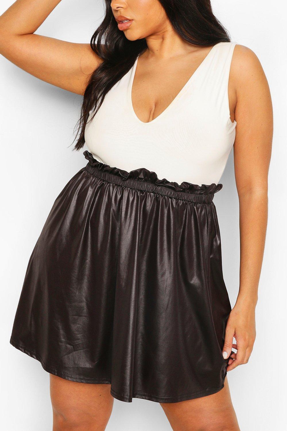 Plus Paperbag Waist PU Skater Skirt