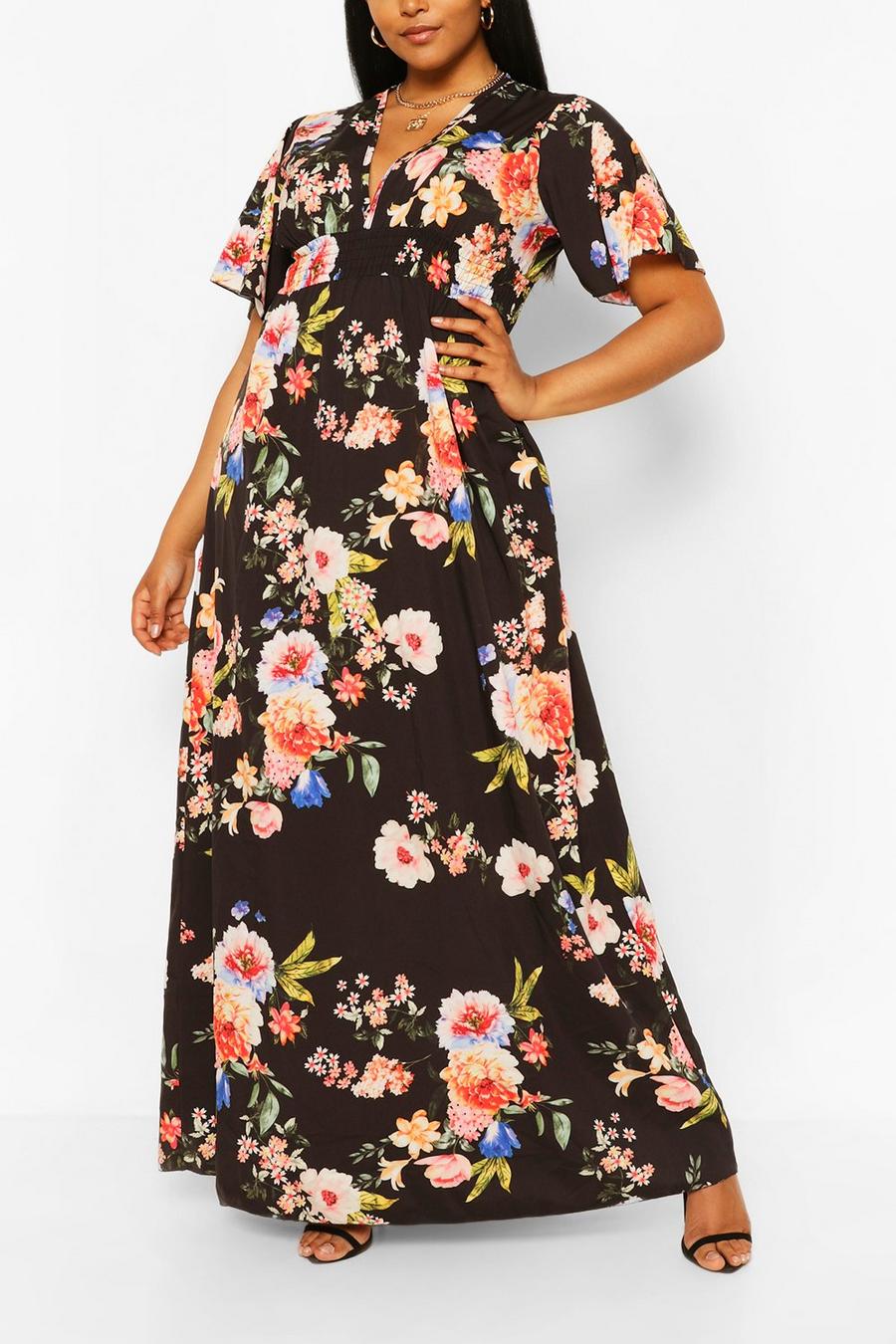 Zwart Plus Donkere Bloemenprint Maxi Jurk Met Ruches En V-Hals image number 1