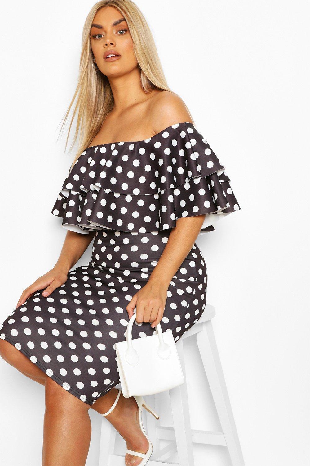 black and white spot off shoulder dress