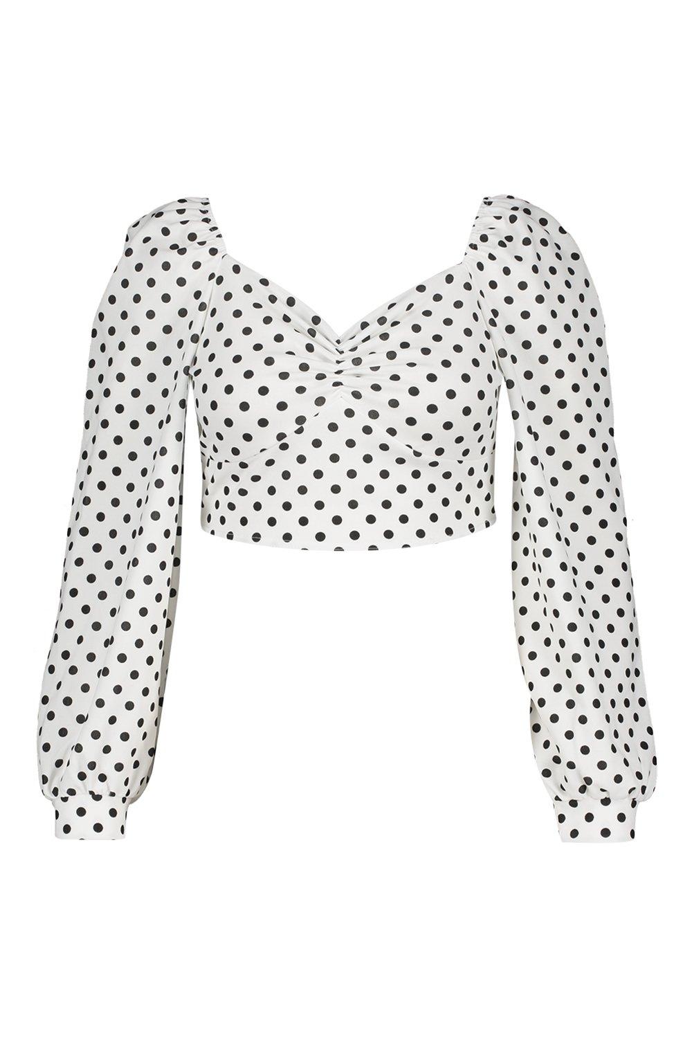 white polka dot puff sleeve top