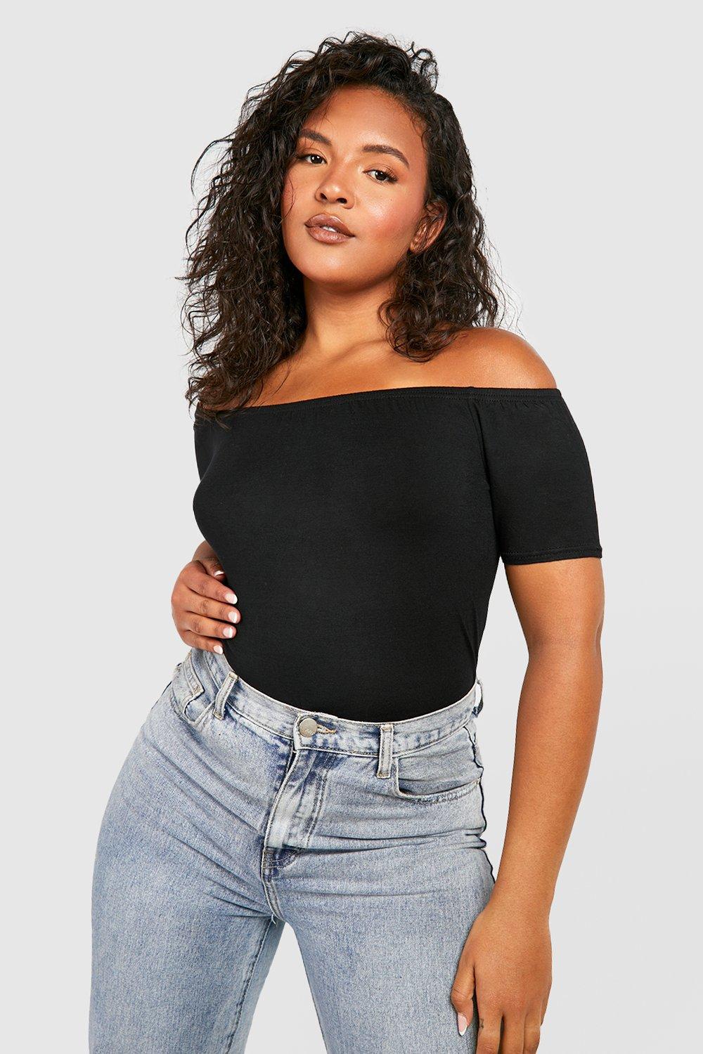 Black Plus Basic Off Shoulder Short Sleeve Crop Top