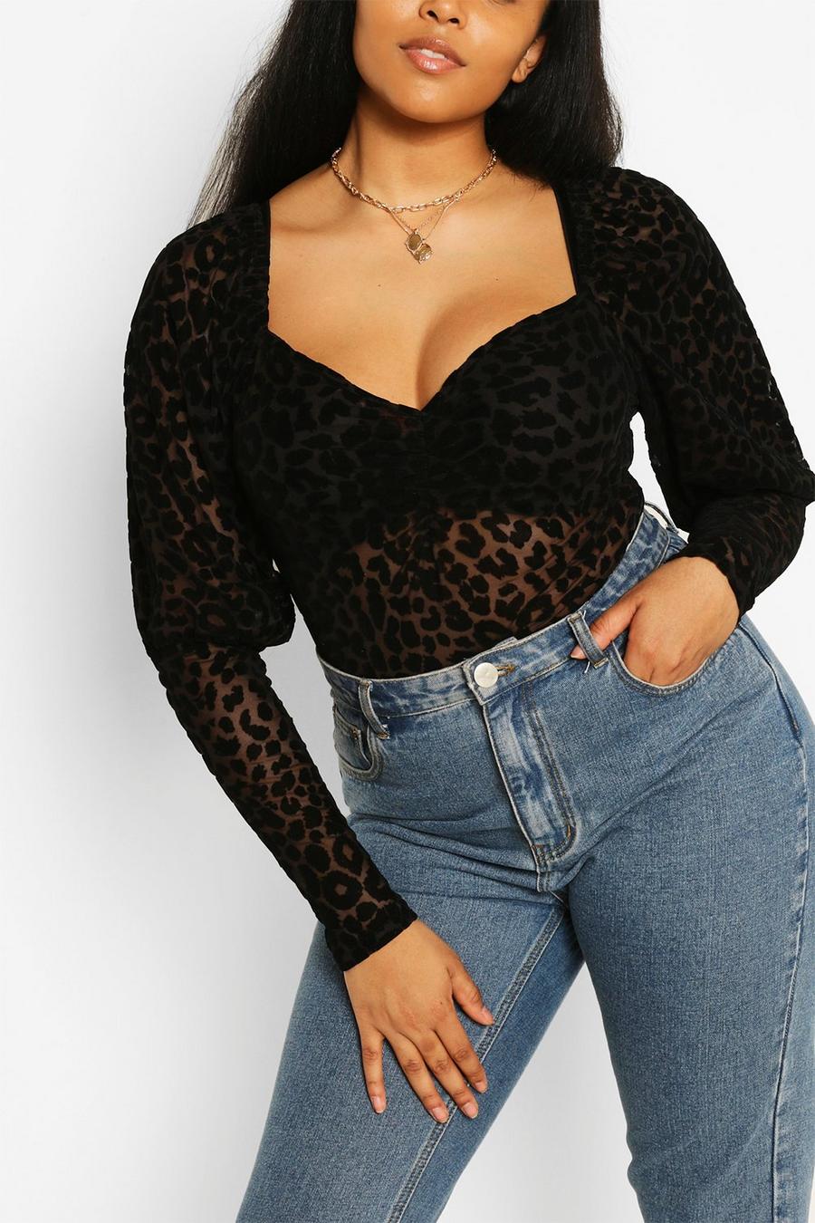 Plus Leopard Mesh Ruched Puff Sleeve Bodysuit image number 1