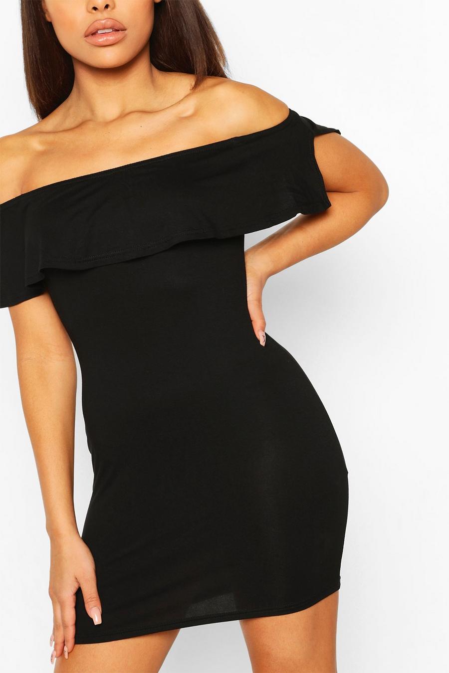 Black Petite Off The Shoulder Frill Bodycon Dress image number 1
