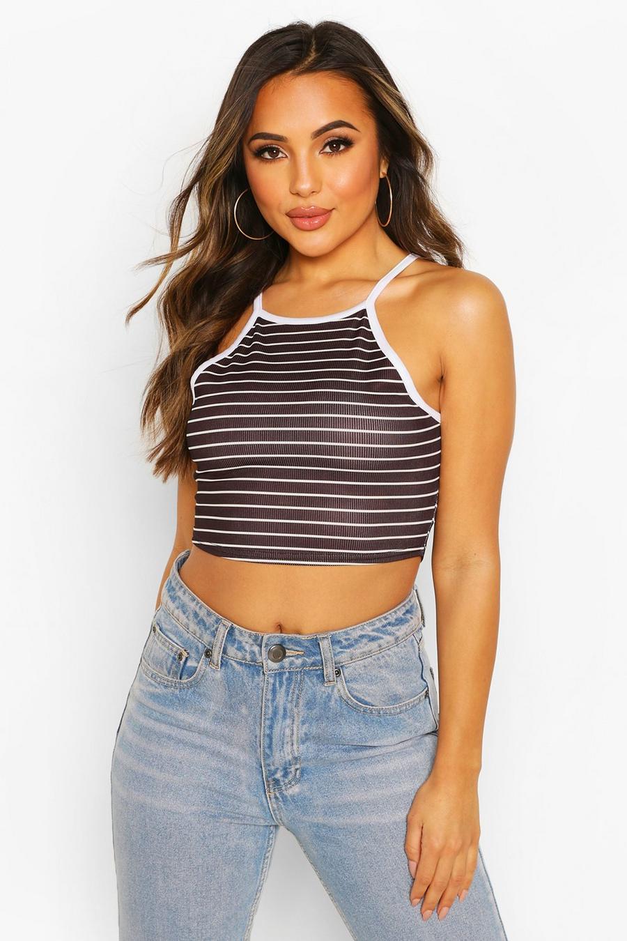 Black Petite Racer Striped Rib Ringer Crop Top image number 1