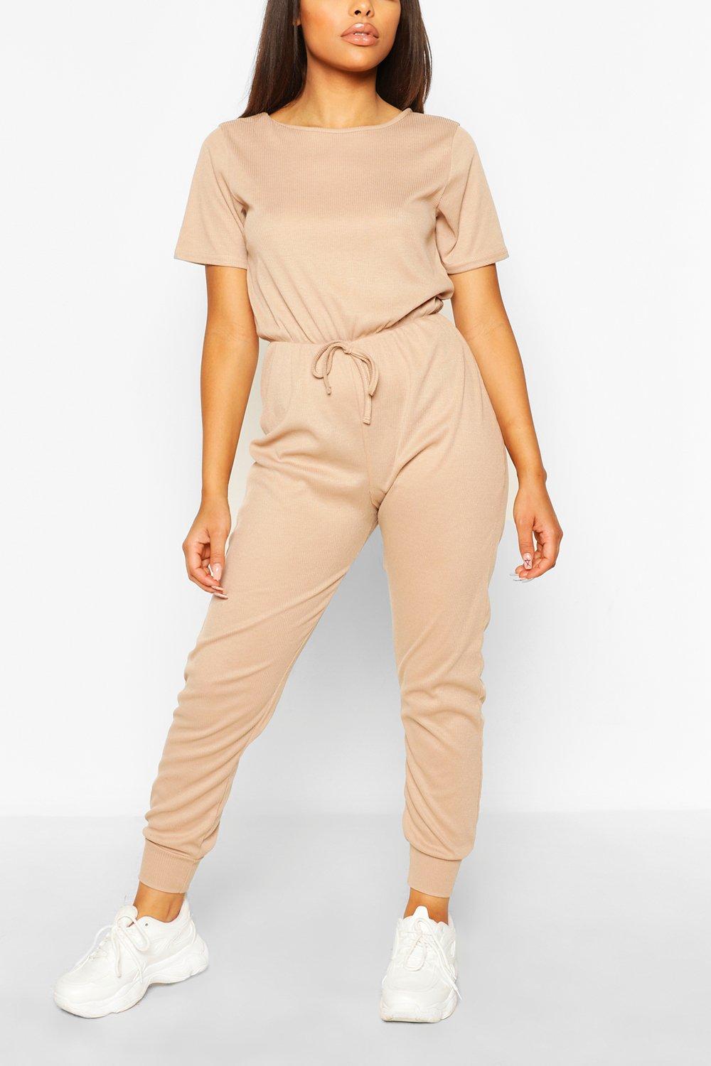  Petite Soft Rib Elastic Waist Jogger Jumpsuit